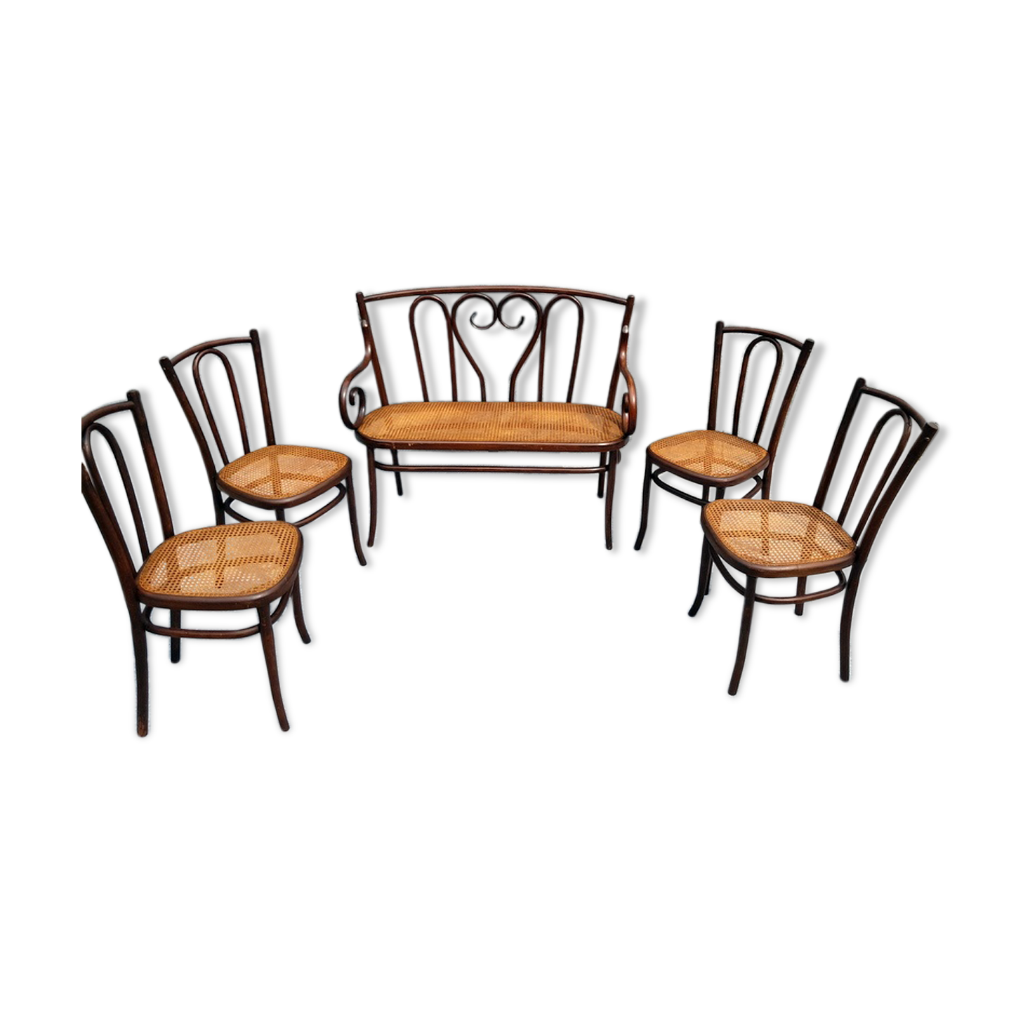 Curved wooden lounge 1900, a bench and four chairs