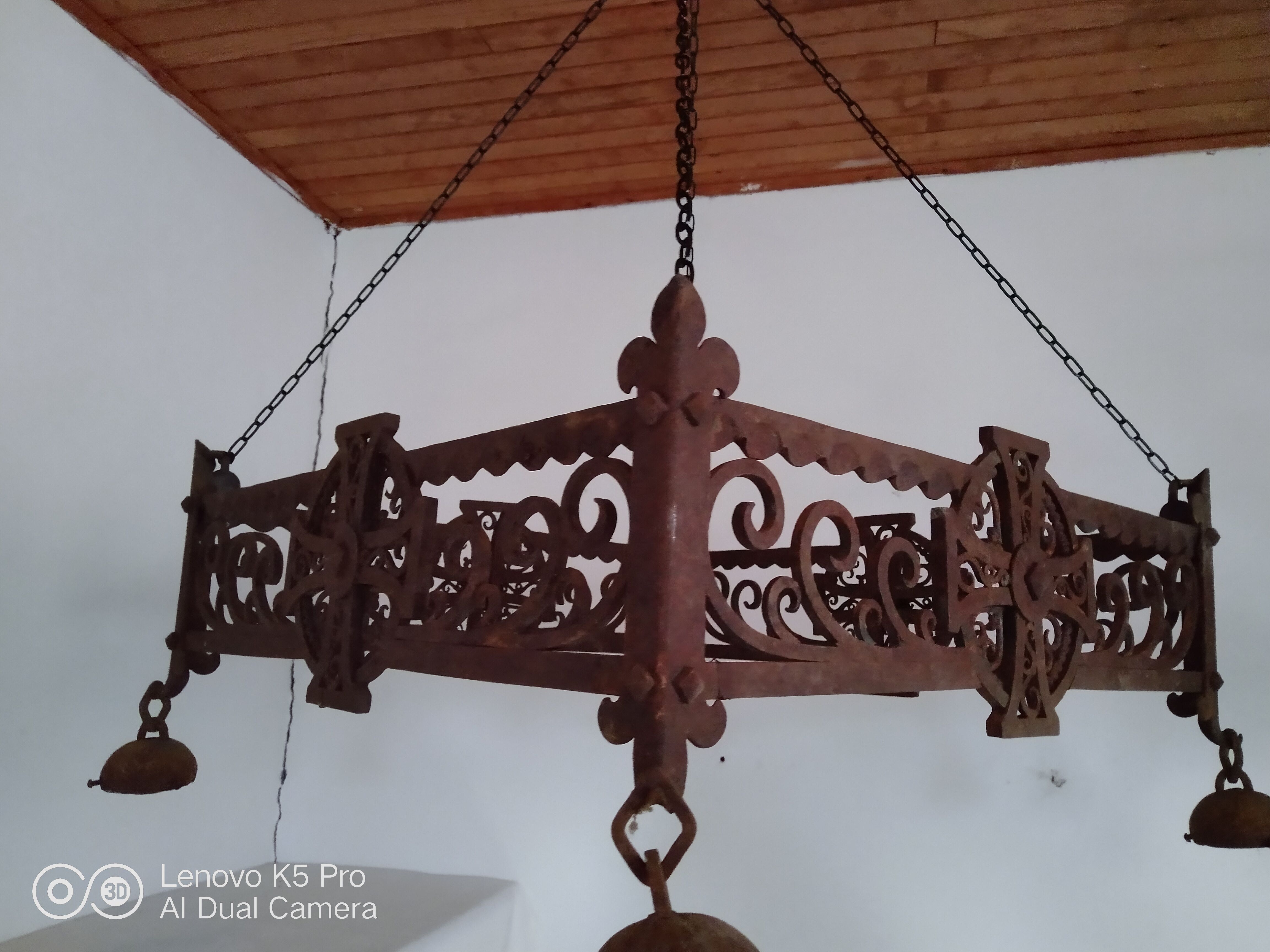 Pair of chandeliers suspensions in cast iron and 19th century wrought iron