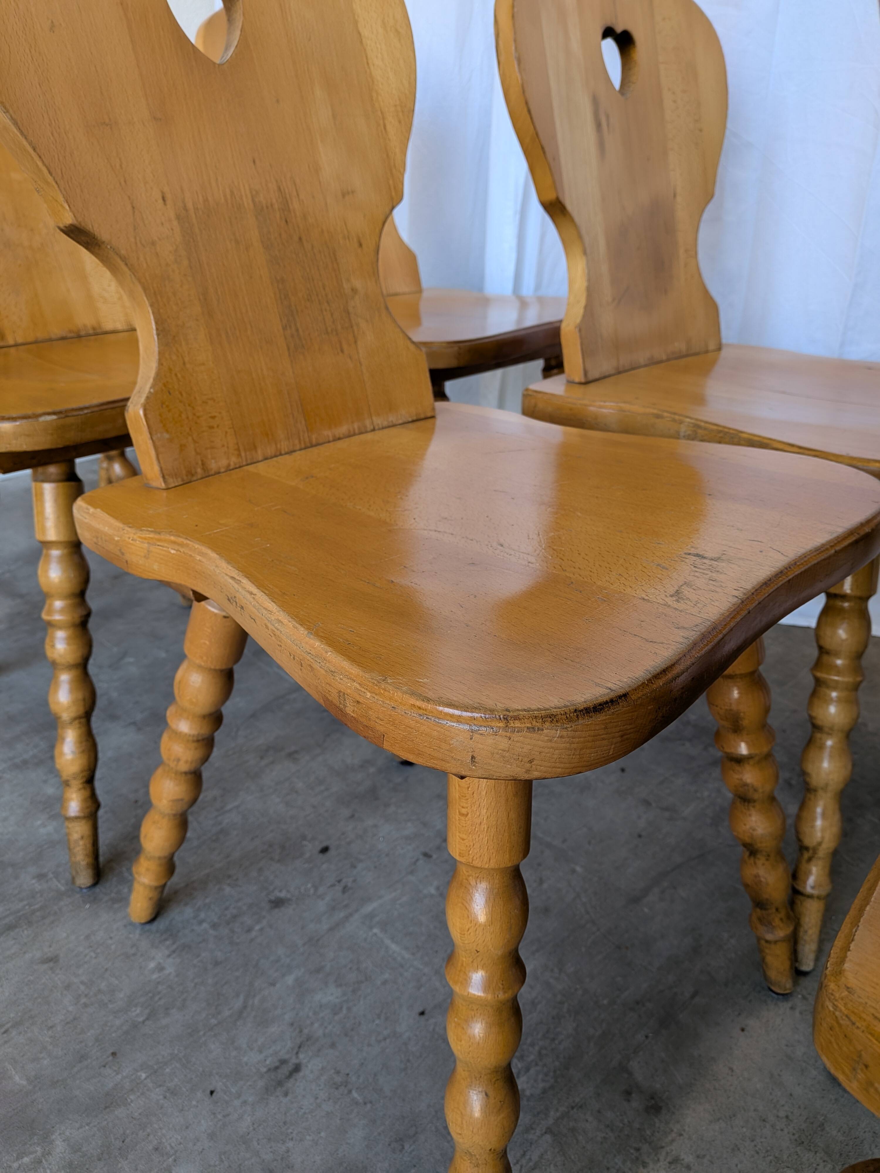 Set of 8 Vintage Tyrolean Heart Cutout Wooden Dining Chairs, Rustic Farmhou