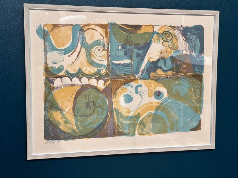 Large Original Swedish Graphic Sheet – "Composition" by Thormod Larsen – 1971 – Vintage and Framed – 79 × 59 cm (31.1" × 23.2")