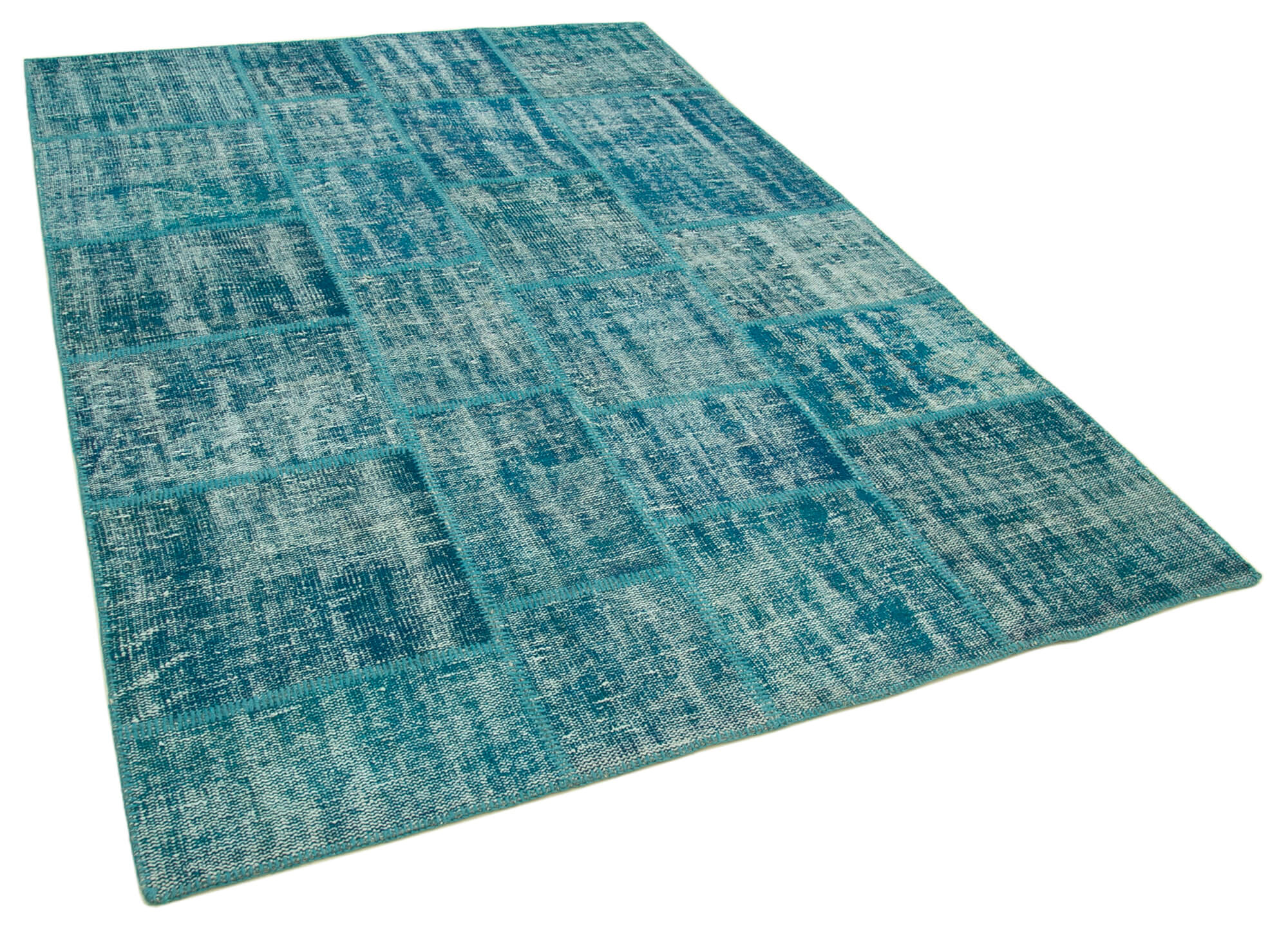 Handwoven turkish contemporary 174 cm x 247 cm turquoise patchwork carpet