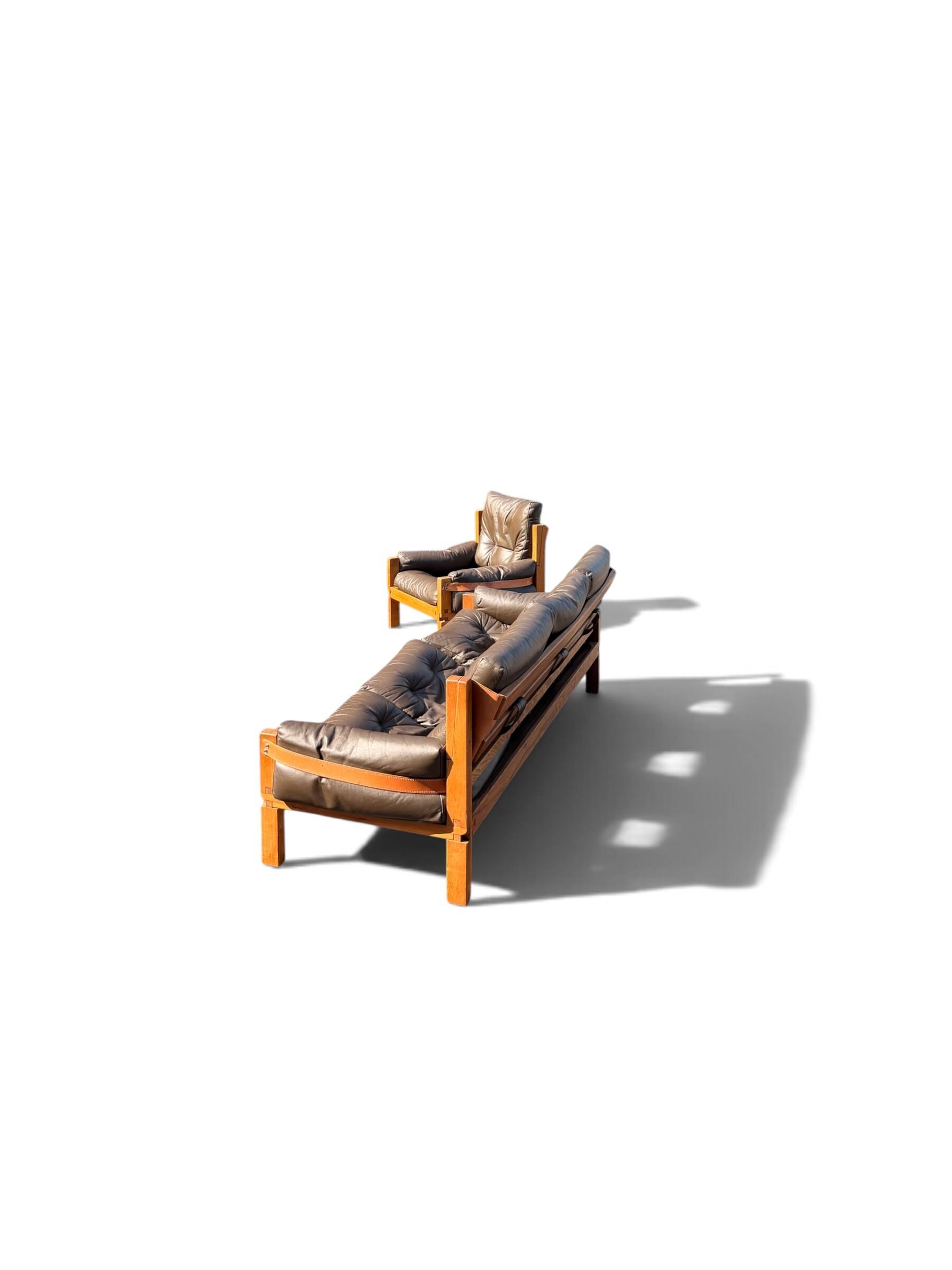 Ensemble Salon Pierre Chapo - Canapé S32 & Fauteuil S15 - Orme & Cuir Brun