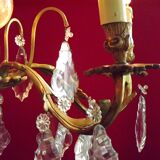 French antique 5 light brass crystal & glass acanthus leaf chandelier