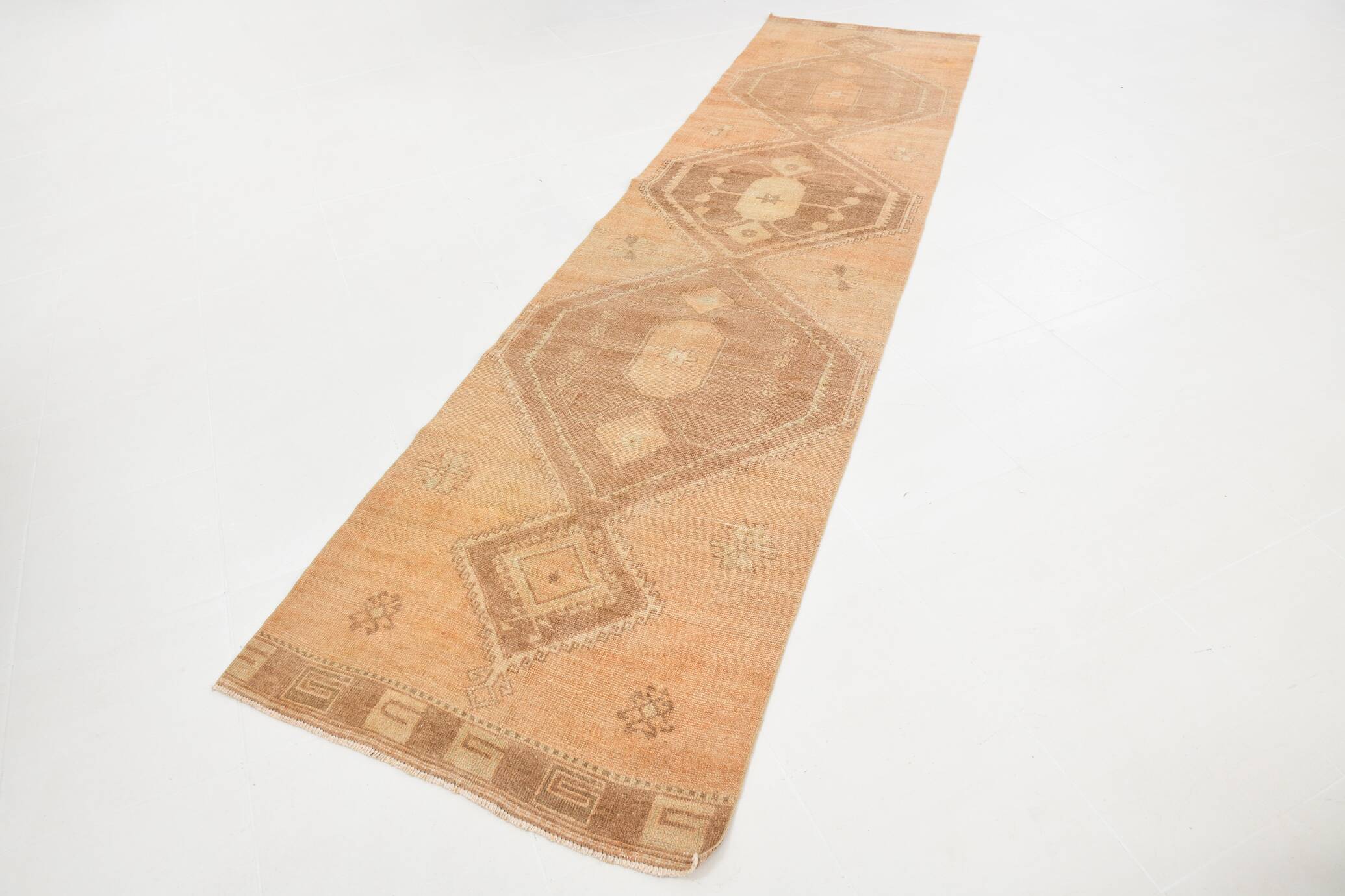 3x12 Cream & Brown Tribal Turkish Runner Rug, 95x377Cm