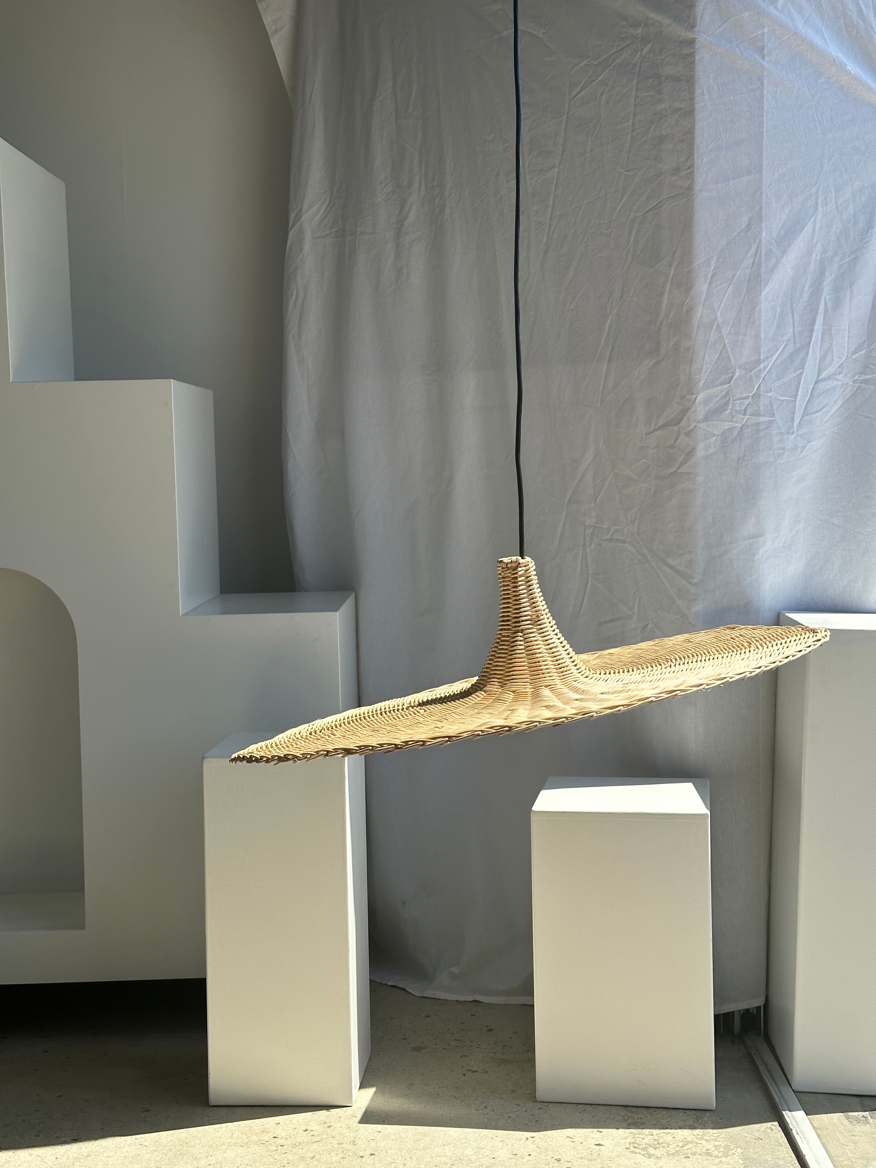 Large suspension, rattan luminaire in hat shape D:80cm