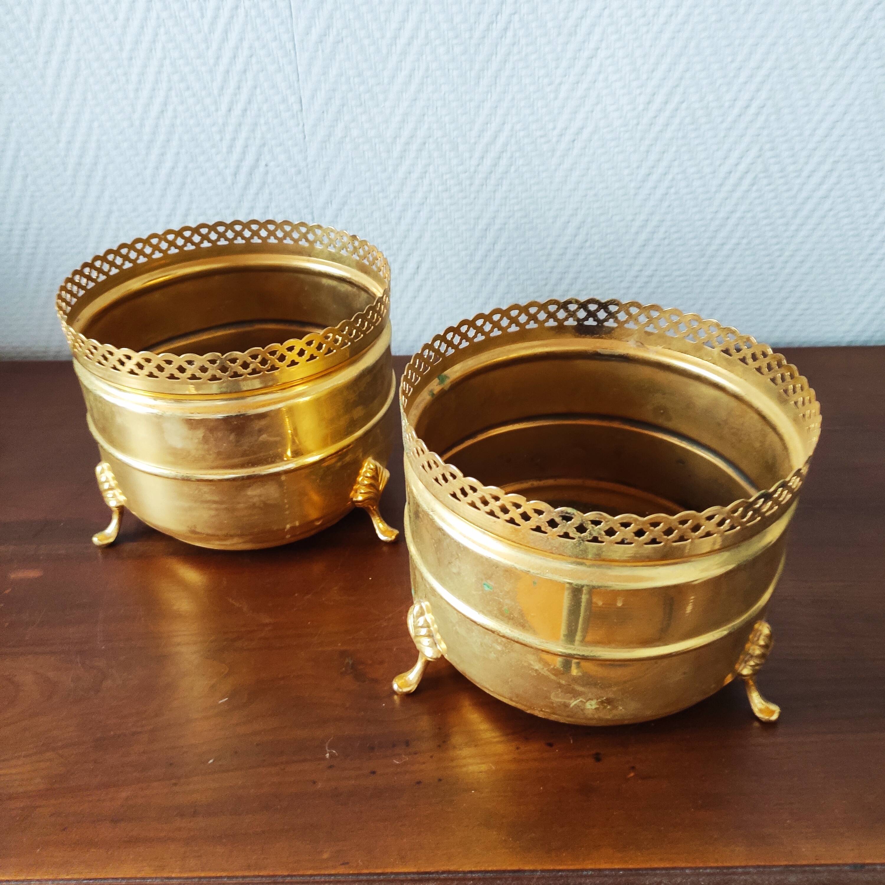 Pair of vintage brass planters with openwork gallery cache-pot.