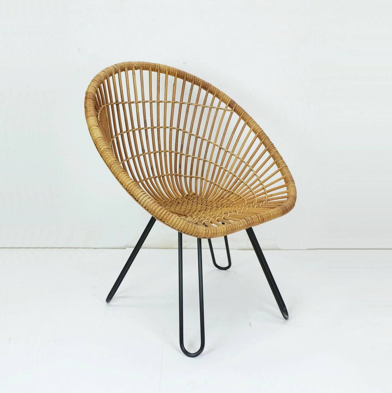 1960s mid century armchair bamboo wicker with hairpin legs