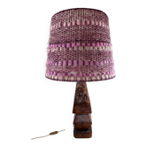 Sculpted wooden table lamp, wool lampshade.