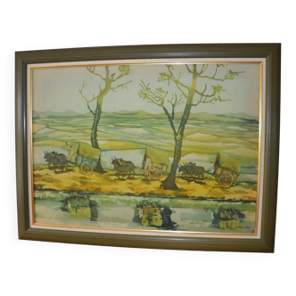 Tableau malgache en soie zébu années 70