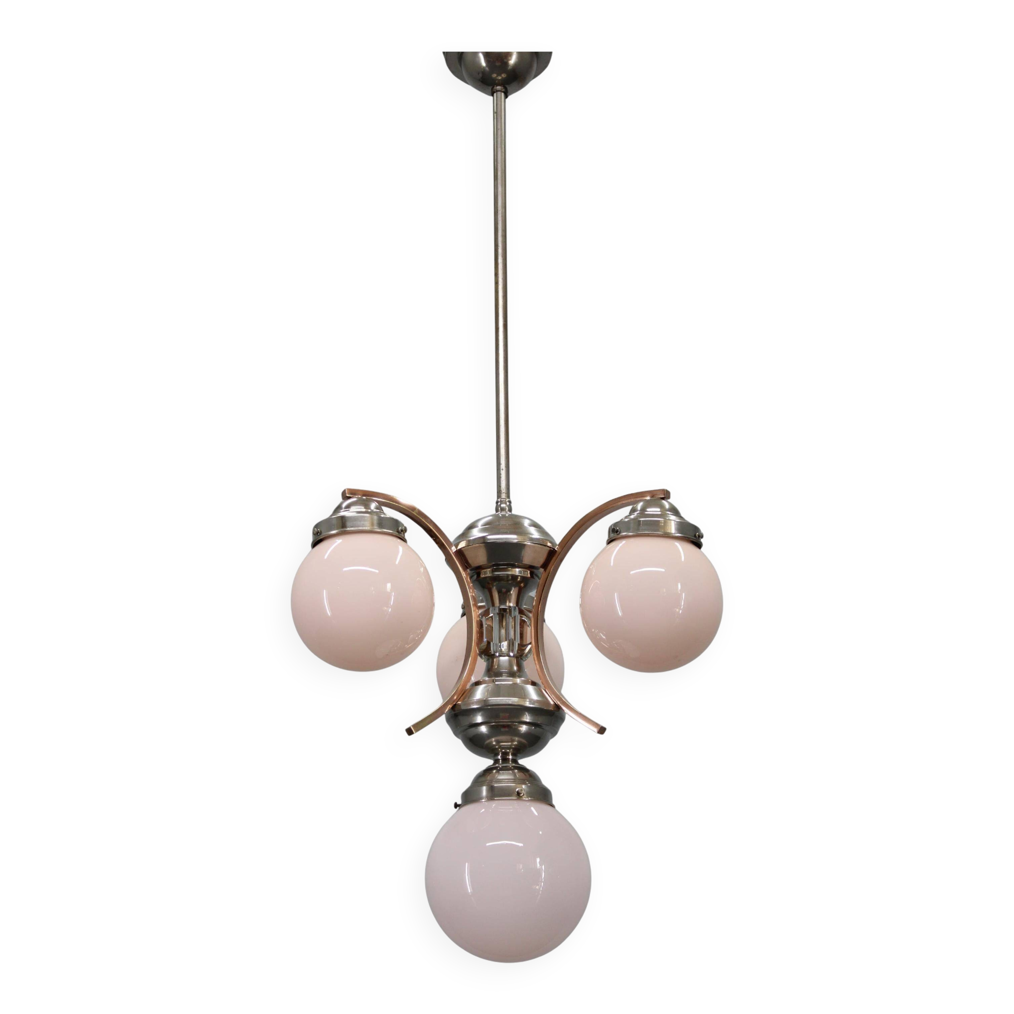 1930s Czechoslovak Art Deco nickel chandelier with rose opaline glass globes