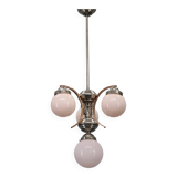 1930s Czechoslovak Art Deco nickel chandelier with rose opaline glass globes