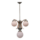 1930s Czechoslovak Art Deco nickel chandelier with rose opaline glass globes