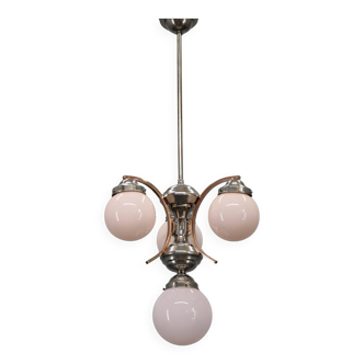 1930s Czechoslovak Art Deco nickel chandelier with rose opaline glass globes