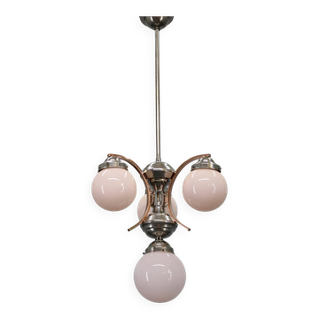 1930s Czechoslovak Art Deco nickel chandelier with rose opaline glass globes