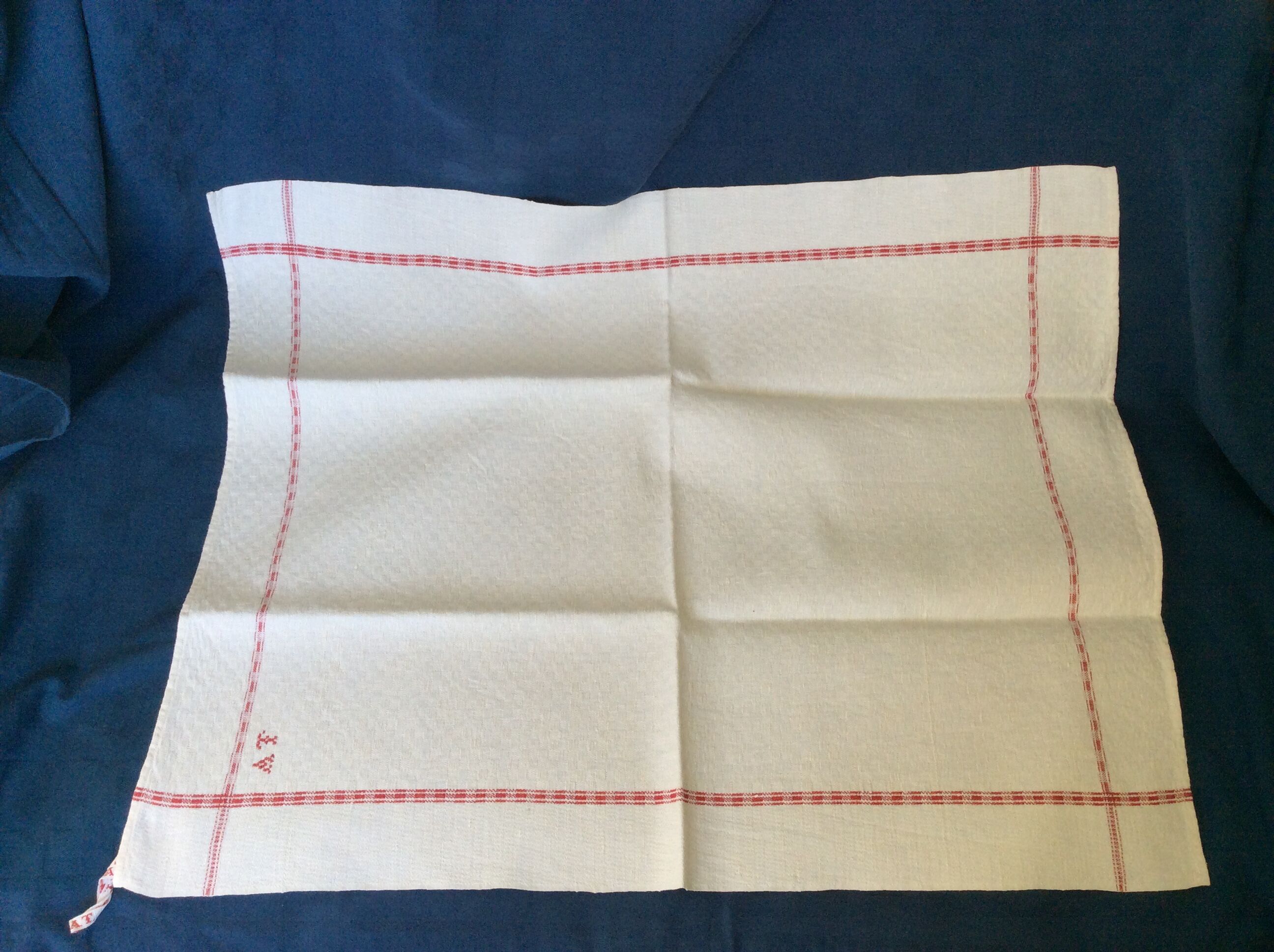 5 old tea towels, red monogram, vintage kitchen