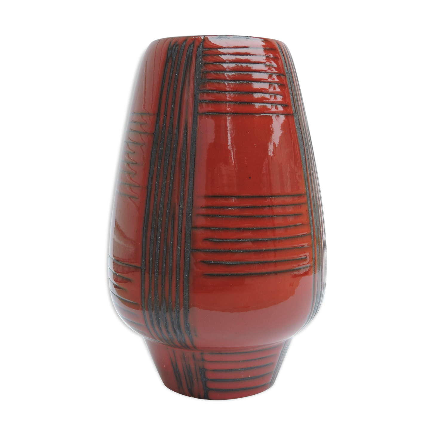 Vintage red ceramic vase scarified decoration elchinger 50' signed