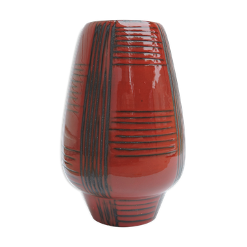 Vintage red ceramic vase scarified decoration elchinger 50' signed