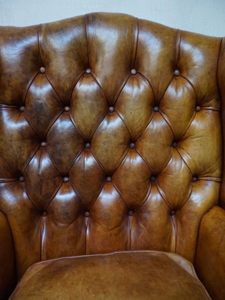 Vintage Cognac Leather Wingback Chesterfield Armchair, England 1940s