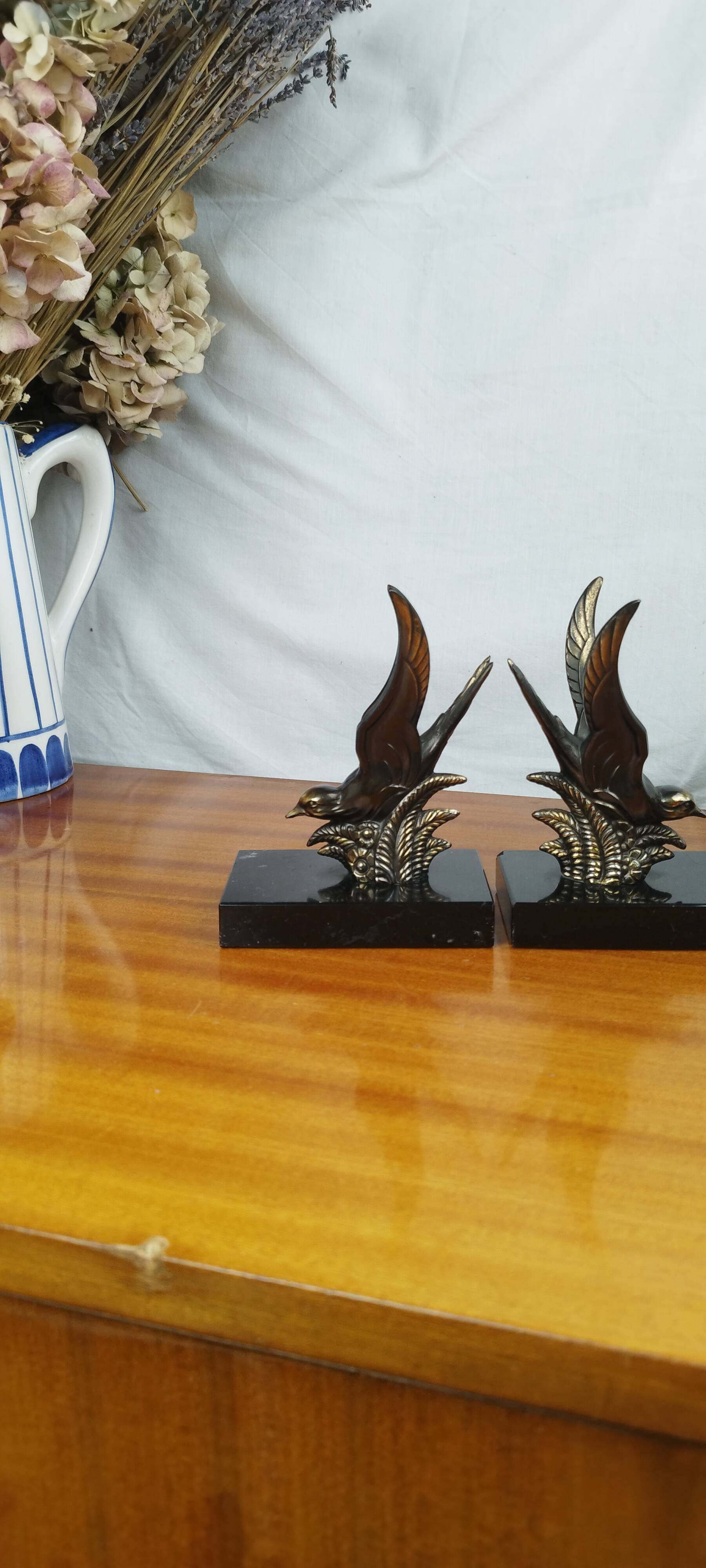 Pair of Art Deco Bookends of Swallows in Flight, Marble & Spelter