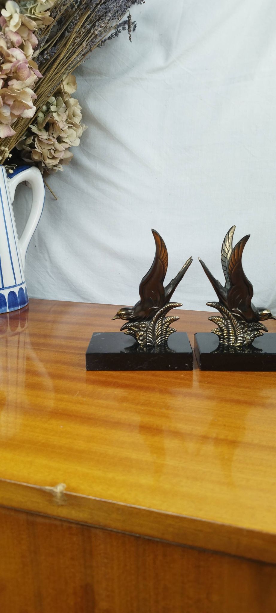 Pair of Art Deco Bookends of Swallows in Flight, Marble & Spelter