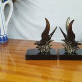 Pair of Art Deco Bookends of Swallows in Flight, Marble & Spelter