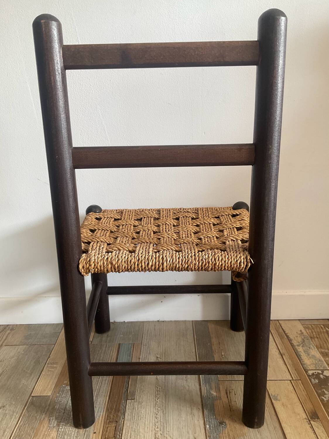 Pair of vintage children's chairs with rope and wood seats