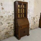 Oak display secretary cabinet, two-body furniture with drop-down front.