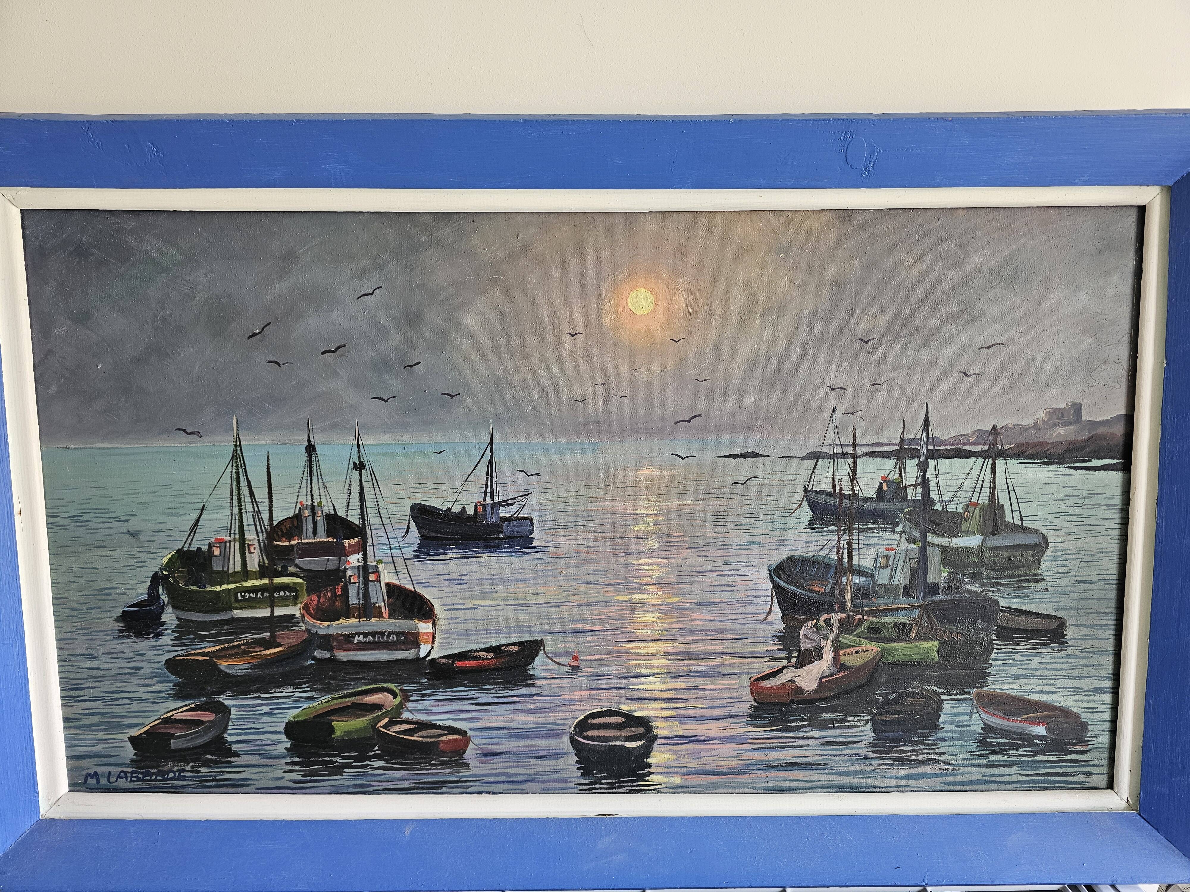 Oil painting on canvas - Marine Sailboats Signed M Labarde 54cm x 89cm