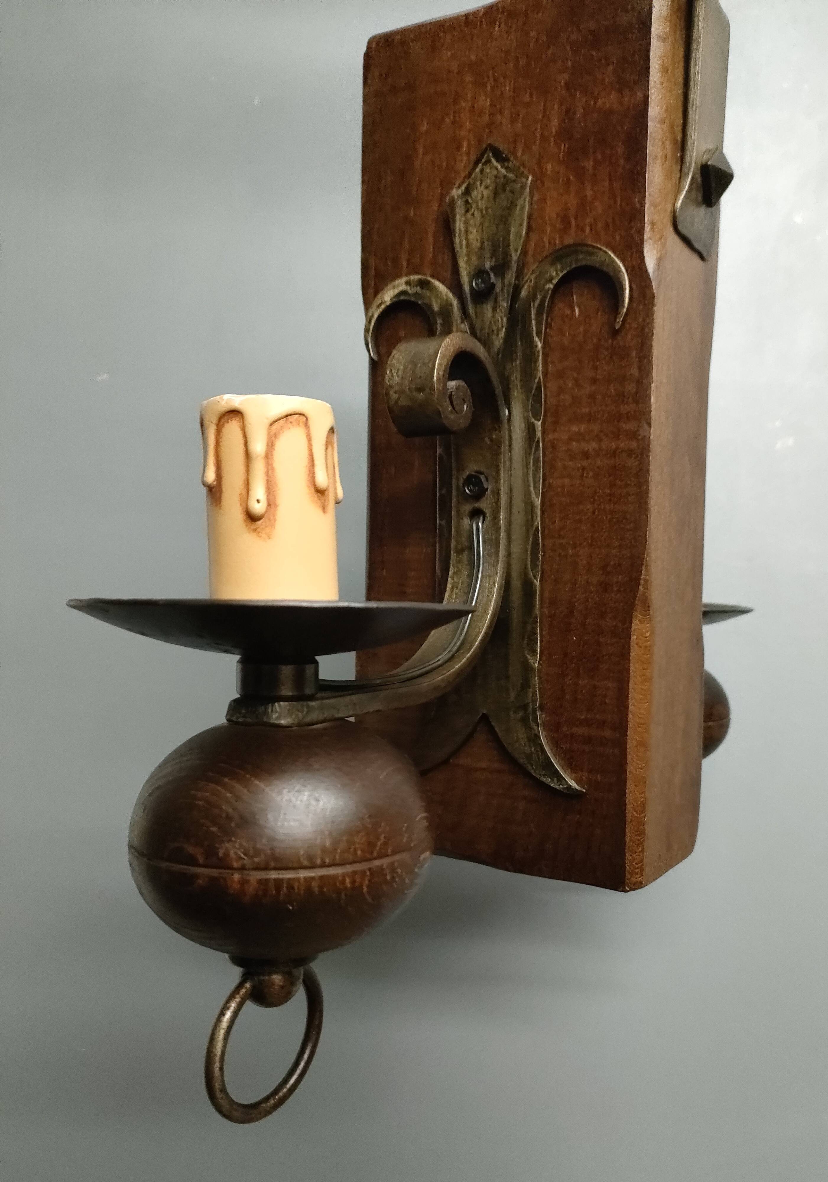 Medieval 2-light chandelier ~ hammered and patinated wrought iron ~ oak ~ 60s ~ France