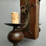 Medieval 2-light chandelier ~ hammered and patinated wrought iron ~ oak ~ 60s ~ France