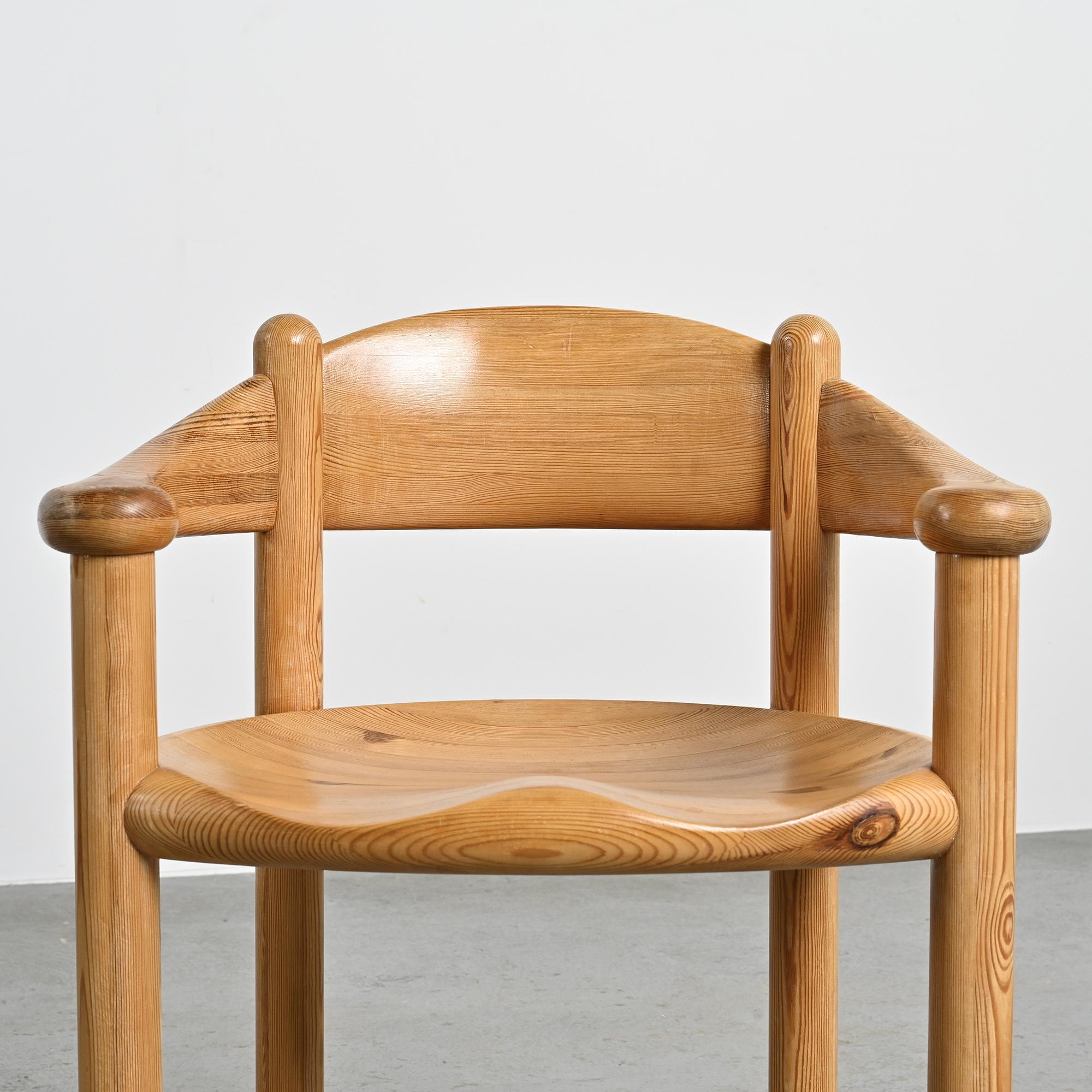 Set of 6 solid pine chairs by Rainer Daumiller, Denmark, circa 1970.
