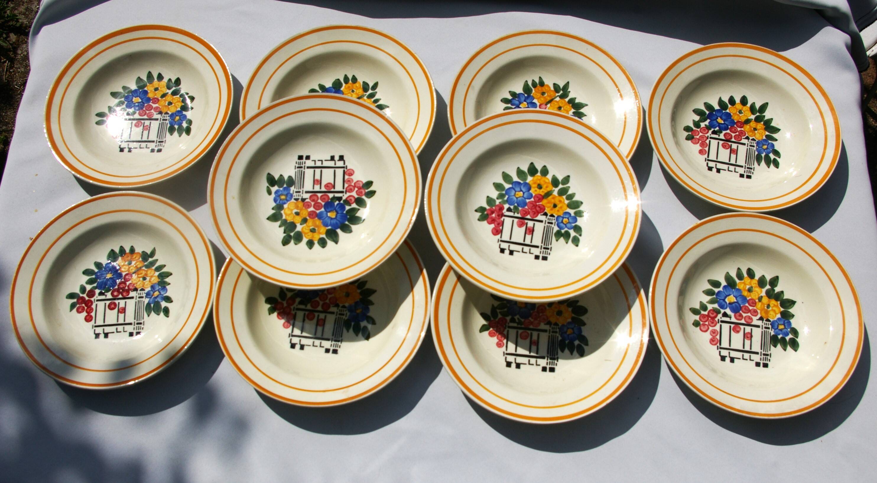 10 HB Creil Montereau earthenware soup plates, "Fleuri" model