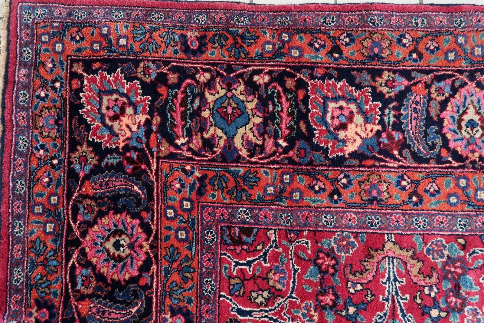 1920s Handmade Antique Wool Floral Rug, Red & Navy, 313 × 396 cm - 1C1303