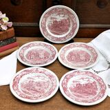 5 assiettes à dessert rouges et blanches en grès de W H Grindley