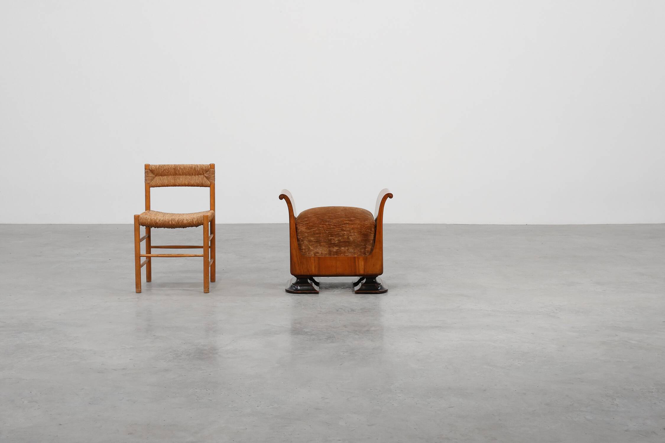 Art Deco Walnut Stool with Original velvet Upholstery, Italy ca. 1920