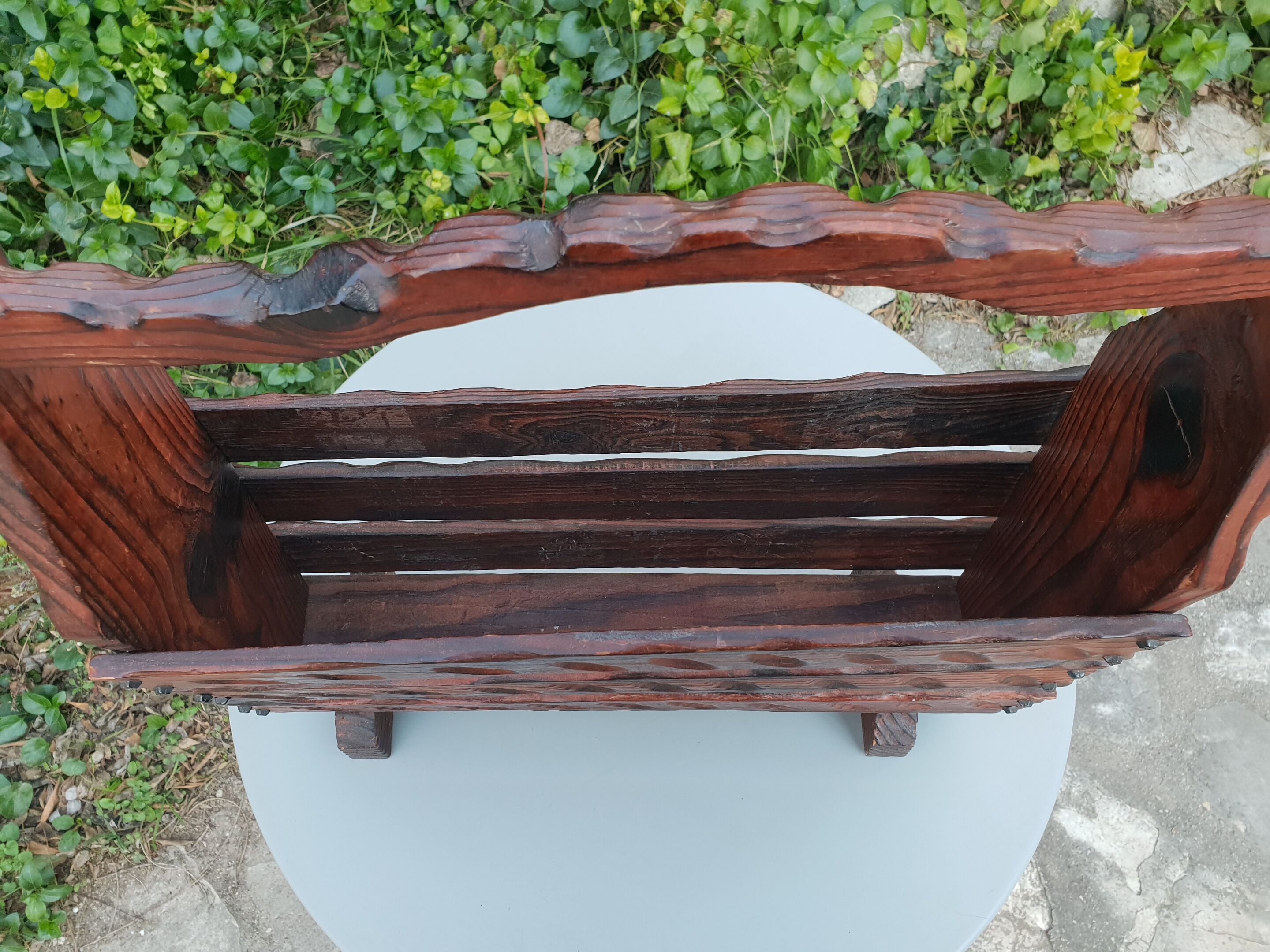 Brutalist pine magazine holder 1970