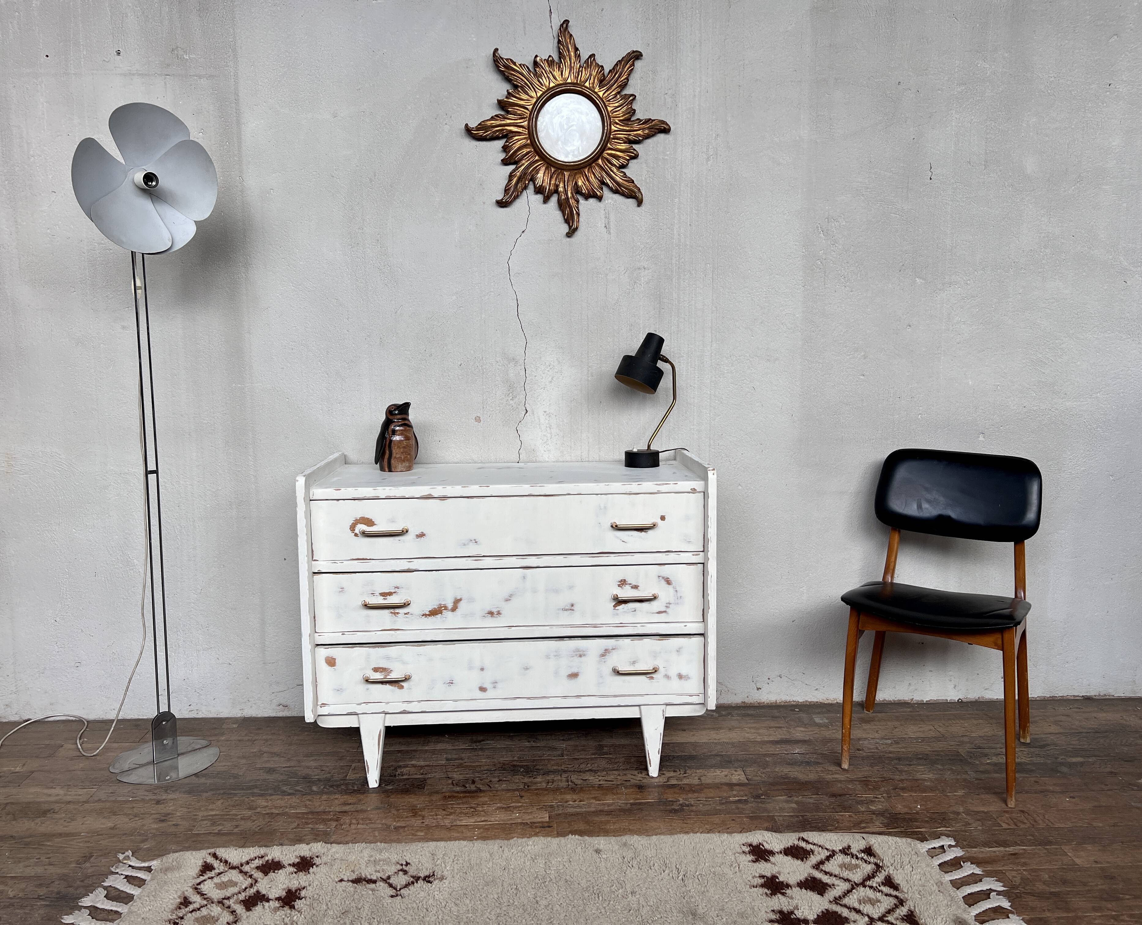 White patinated chest of drawers vintage feet compass