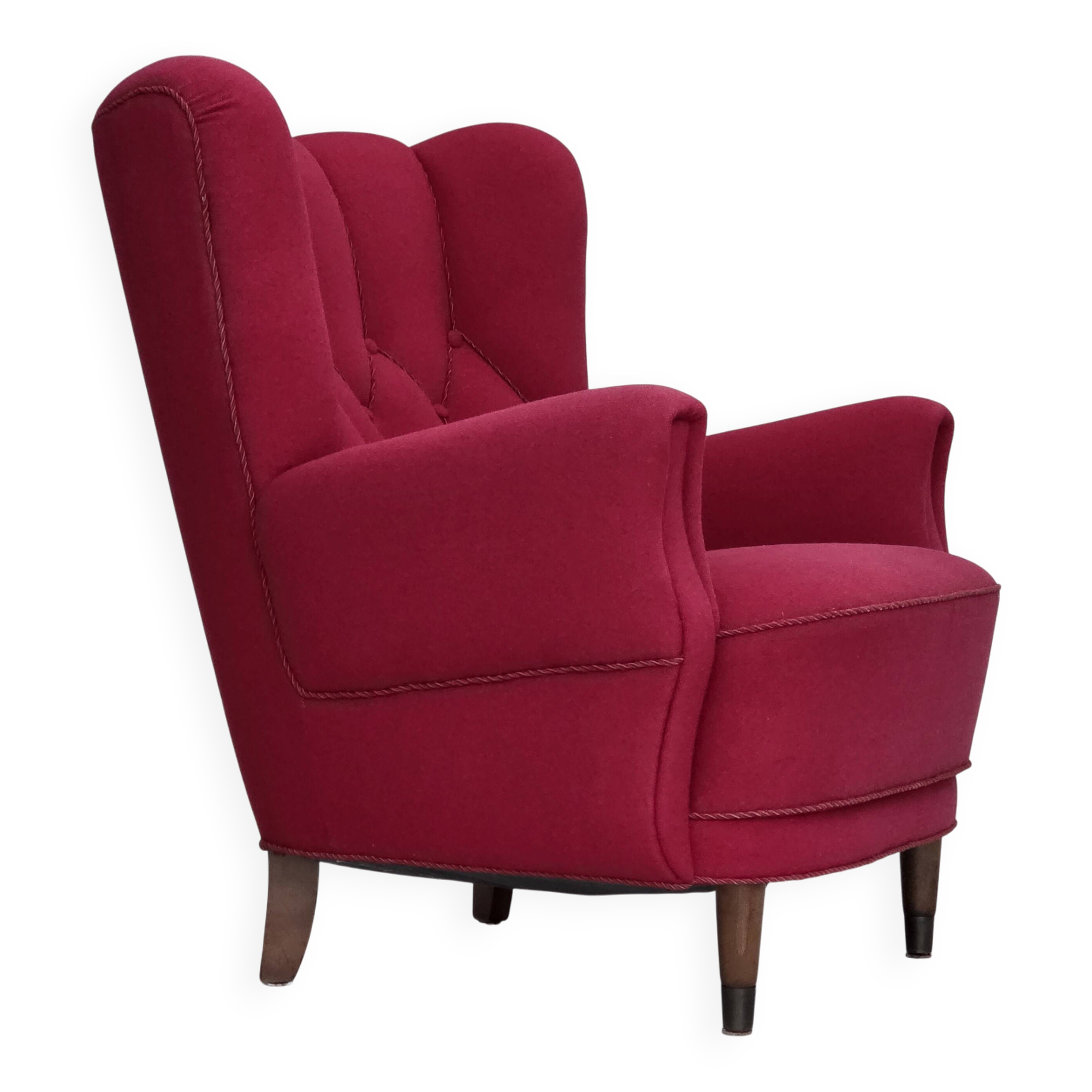 1960s, Danish armchair, furniture wool, beech wood logs.