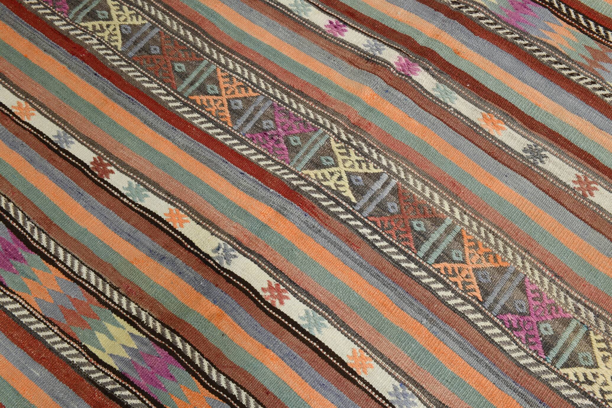 6x8 Ethnic Striped Green & Orange Kilim Rug, 176x230Cm