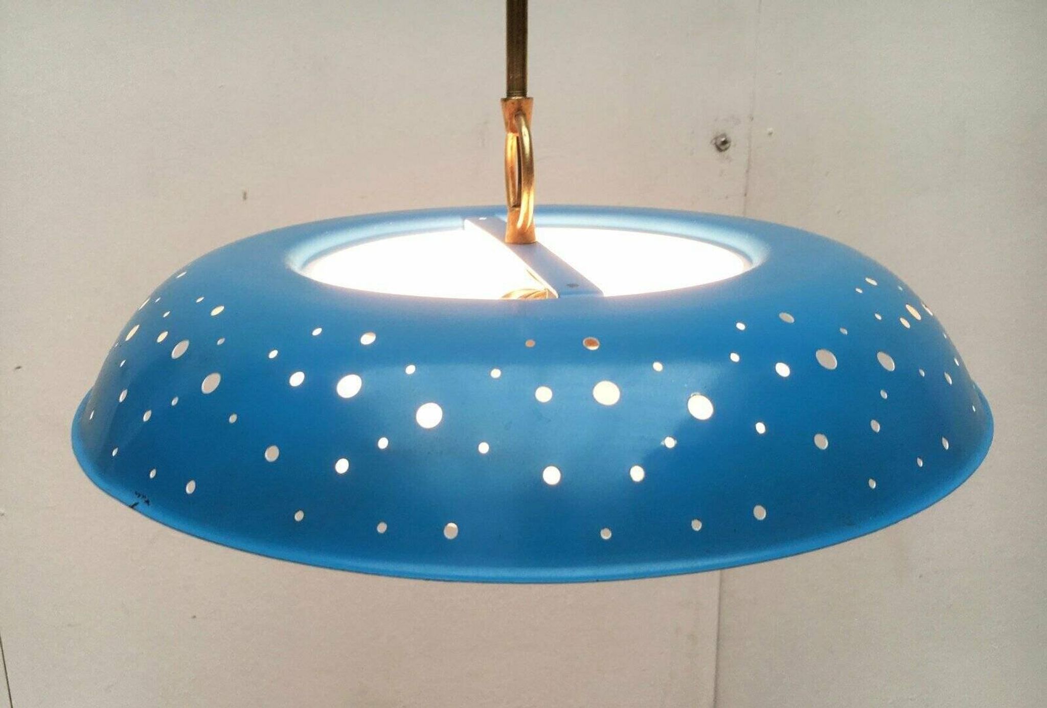 Perforated metal pendant lamp in mid-century style attributed to Ernest Igl for Hillebrand Leuchten, 1960s.