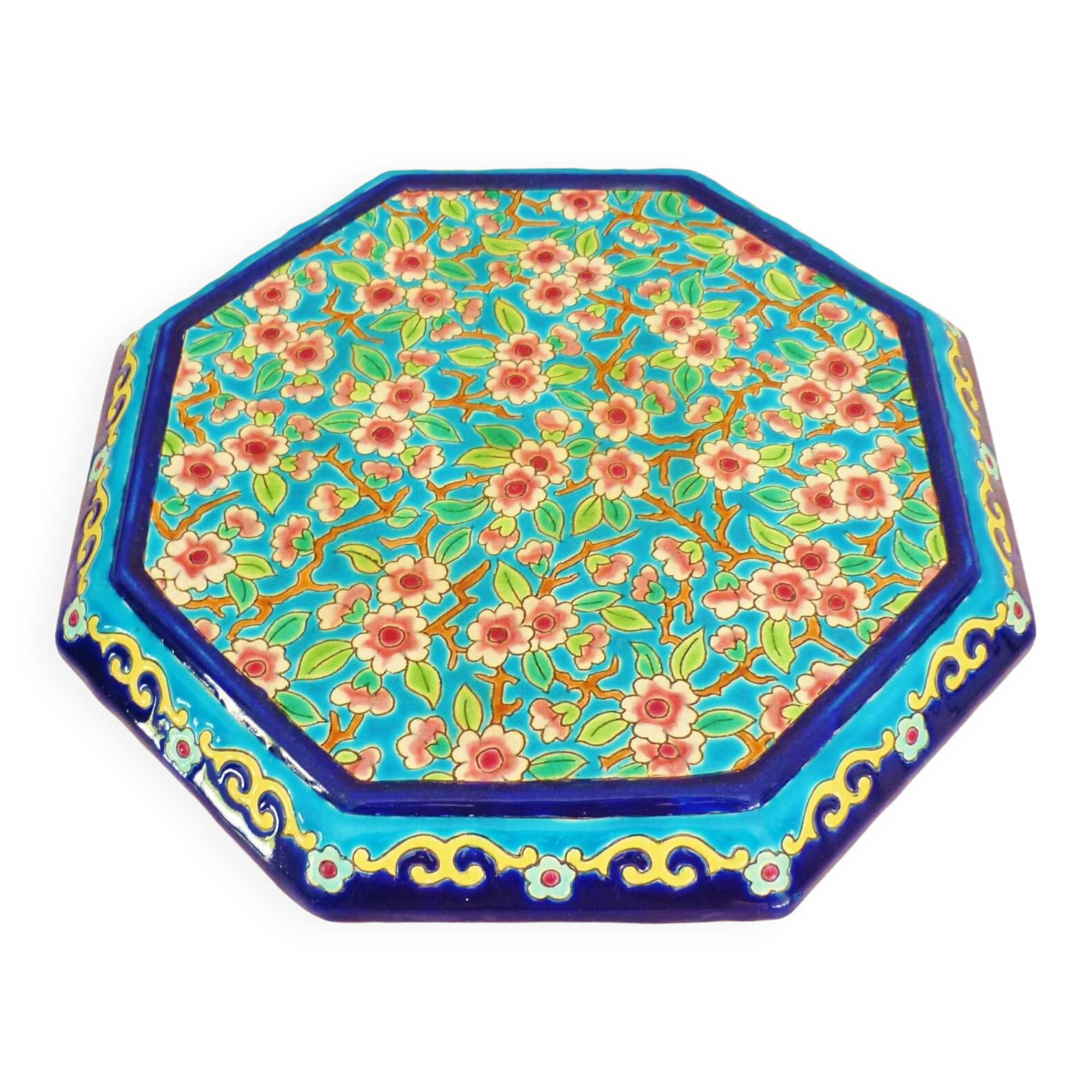 Glazed ceramic trivet, Longwy enamels, art deco