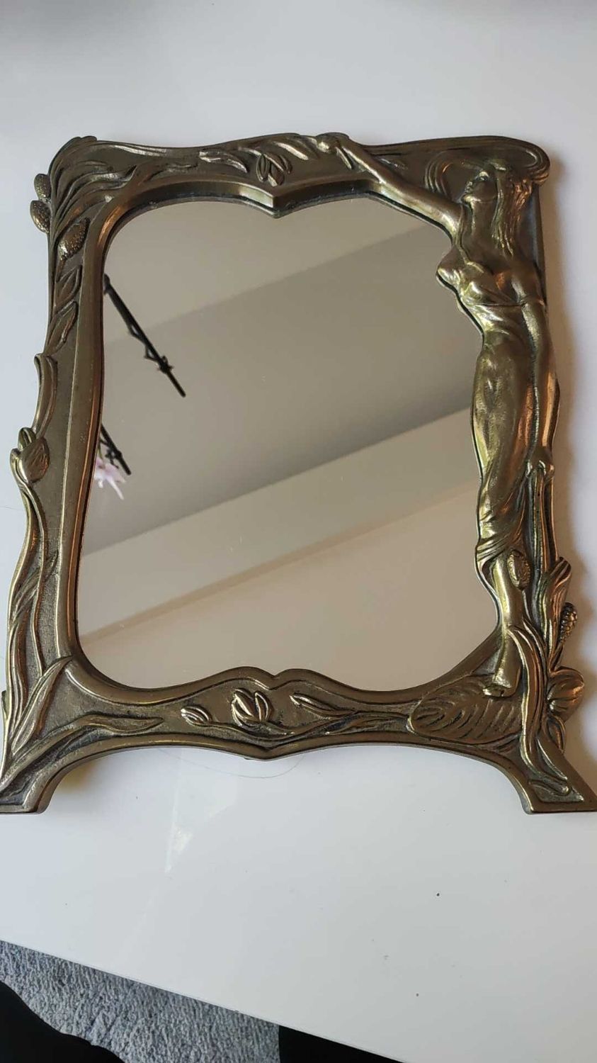 Brass table mirror, art nouveau, lady figurine/foliage, wheat ears