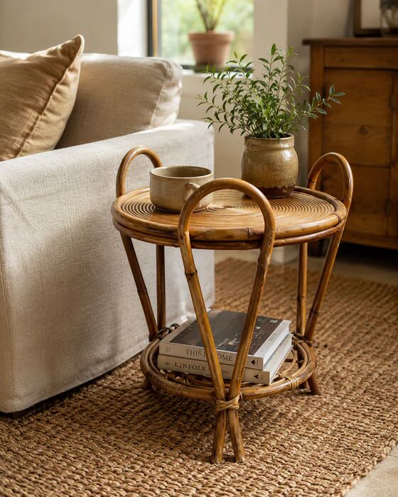 Vintage Sculptural Two-Tier Rattan Side Table with Loop Handles, Japan, 1970s