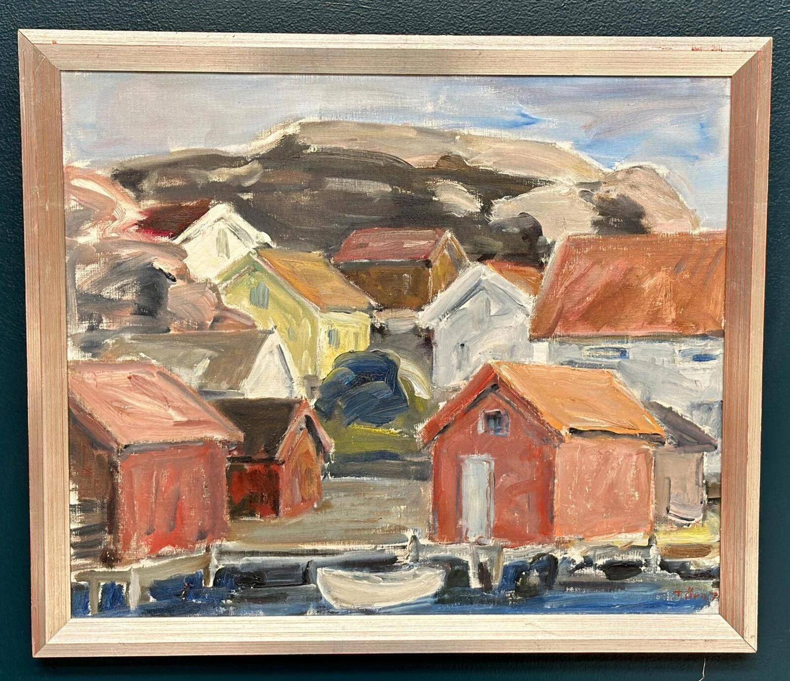 Huile sur toile suédoise d'époque mi-siècle – « Village côtier » par Tryggve Örn, vintage et encadrée – 59,5 × 50,5 cm (23,4" × 19,9")