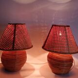 Pair of bamboo lamps and cannage