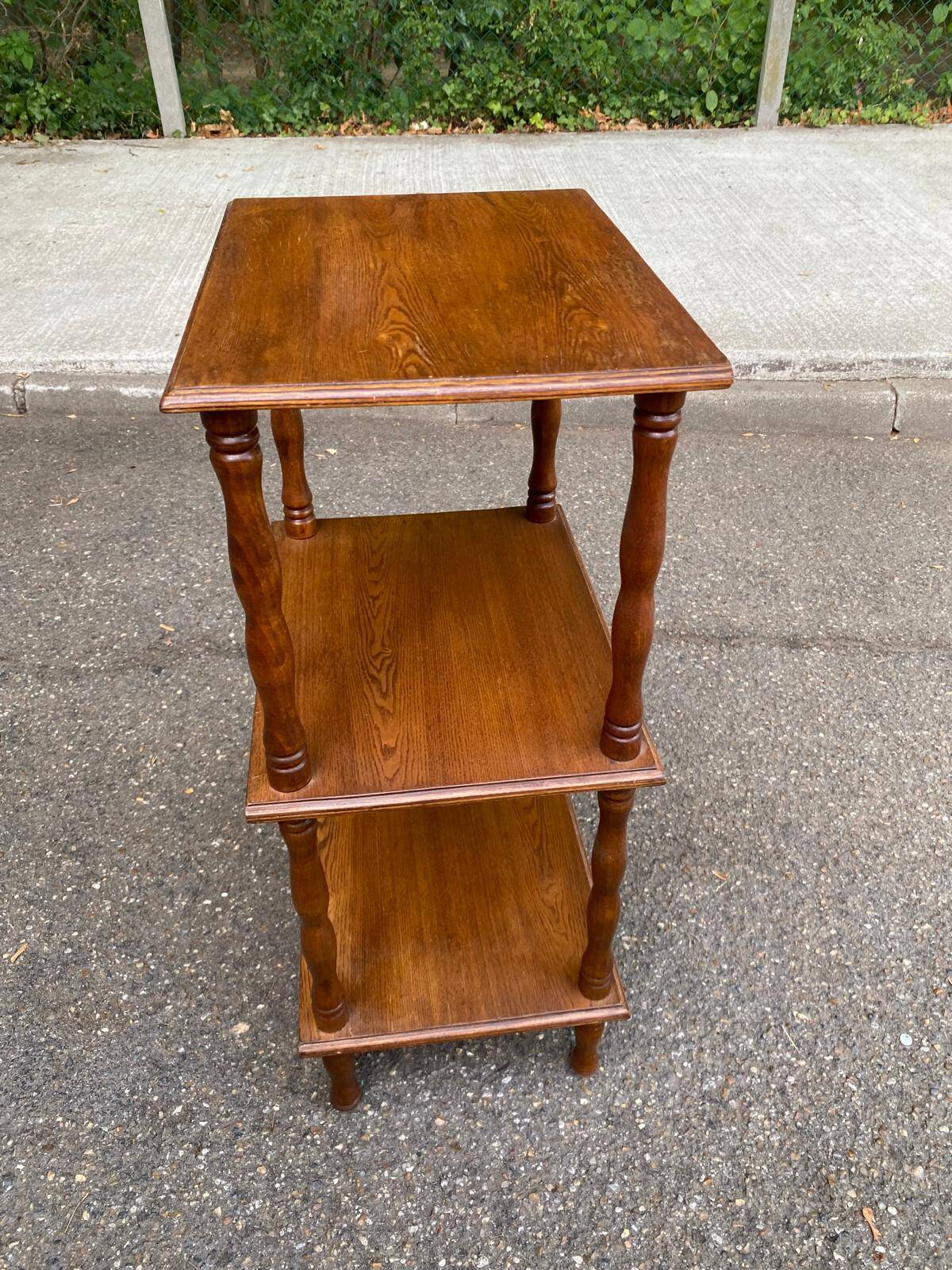 Vintage 3-tier oak side table, removable, 1970.