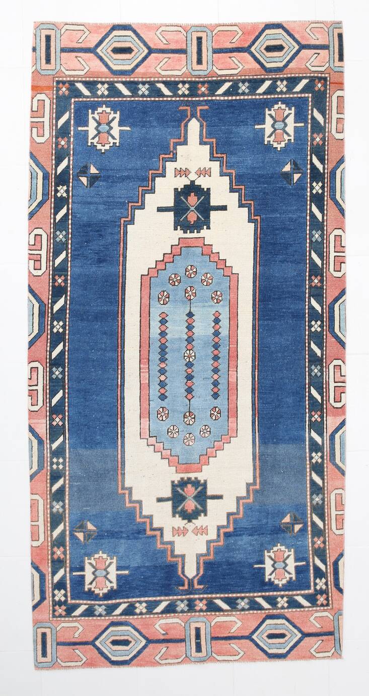 Tapis Vintage Géométrique Bleu et Rose Fait Main – Style Oriental,128x265Cm