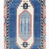 Tapis Vintage Géométrique Bleu et Rose Fait Main – Style Oriental,128x265Cm
