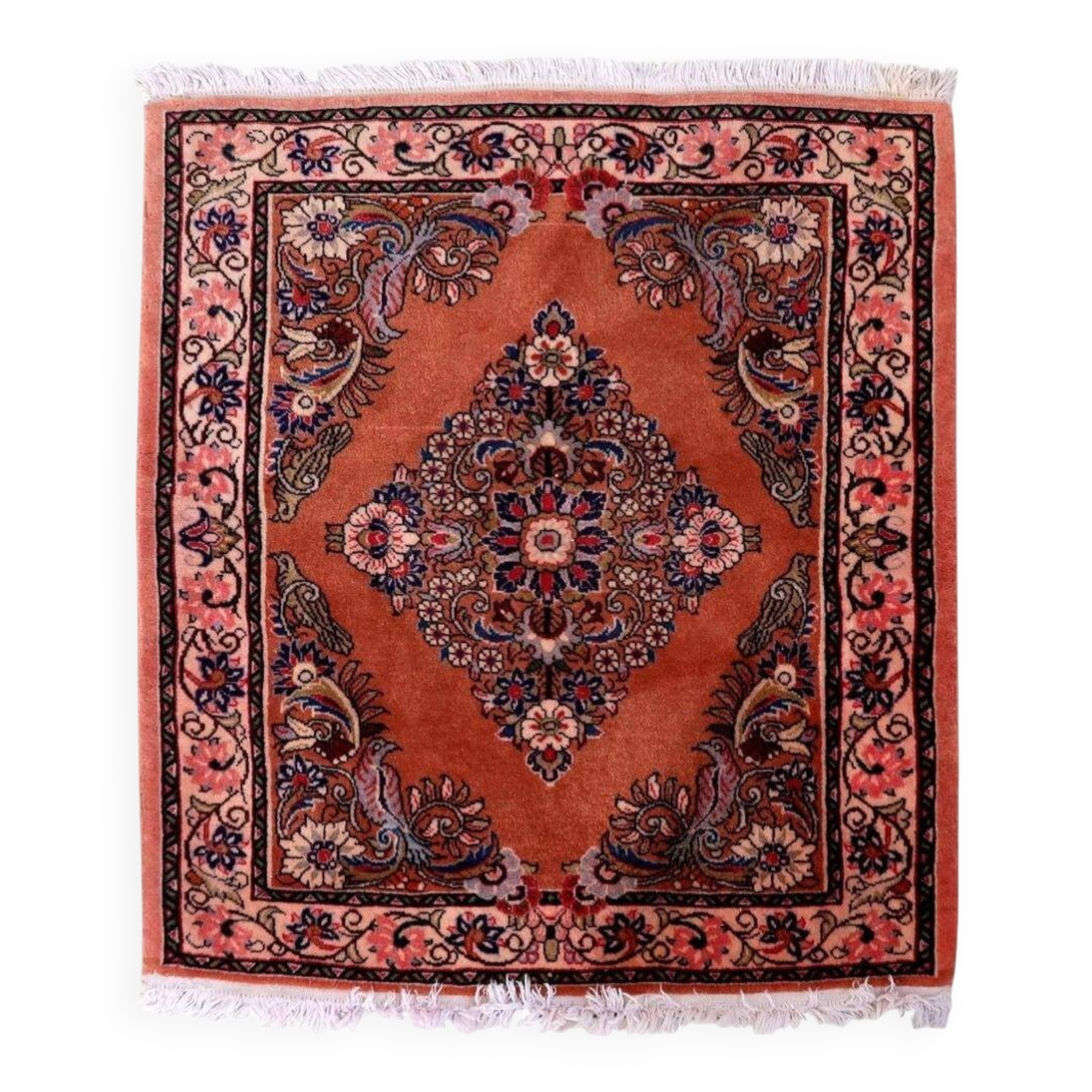 Vintage Sarouk wool rug, rose field & diamond medallion, c. 1950s