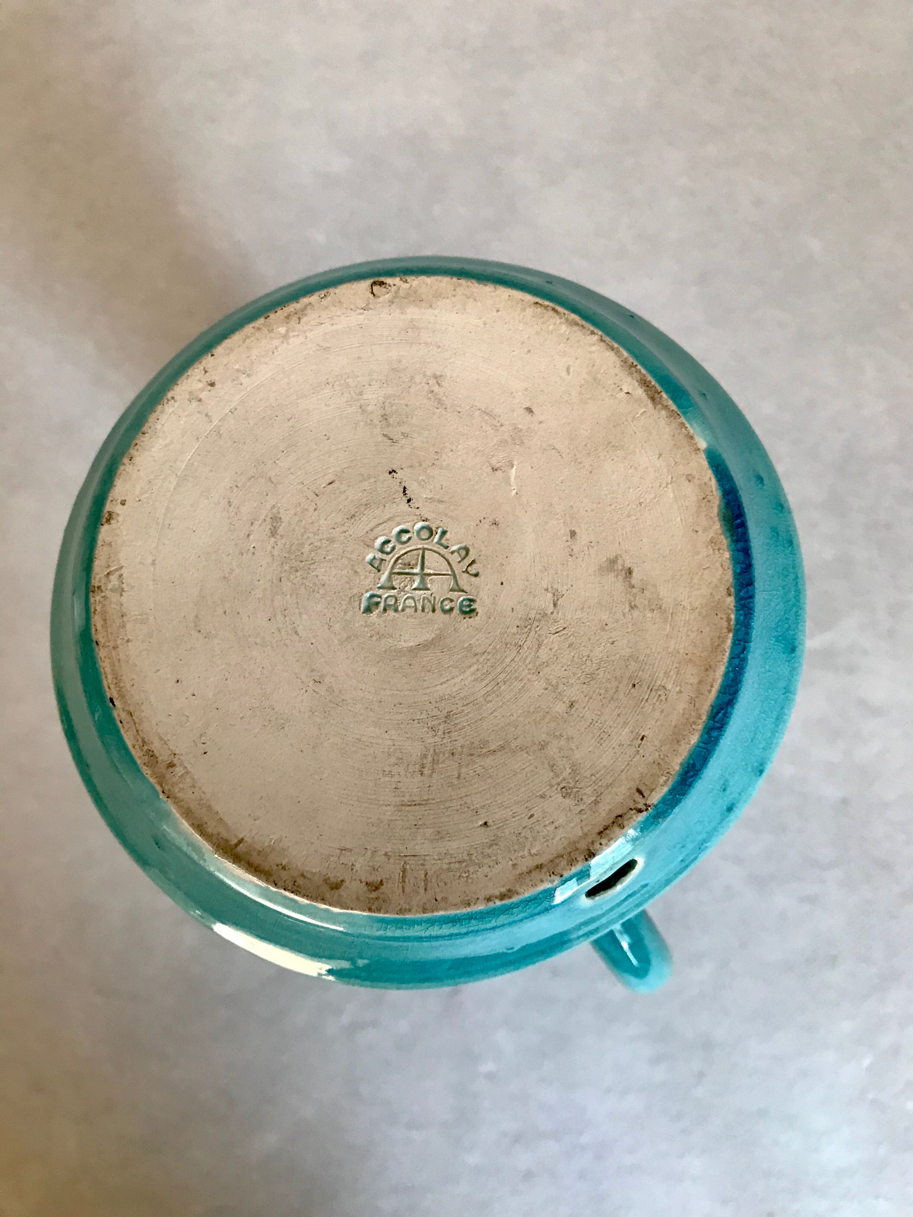 Pied de lampe ou bougeoir Accolay à décor de boules, émail bleu turquoise et brun, vers 1960-1970.